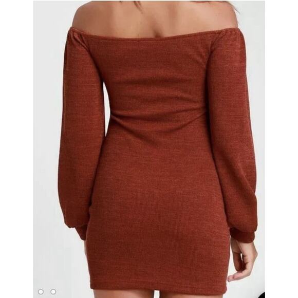 Lulus Aurinda Rust Orange Ruched Off The Shoulder Bodycon Tie Dress, Size Large - Picture 5 of 9